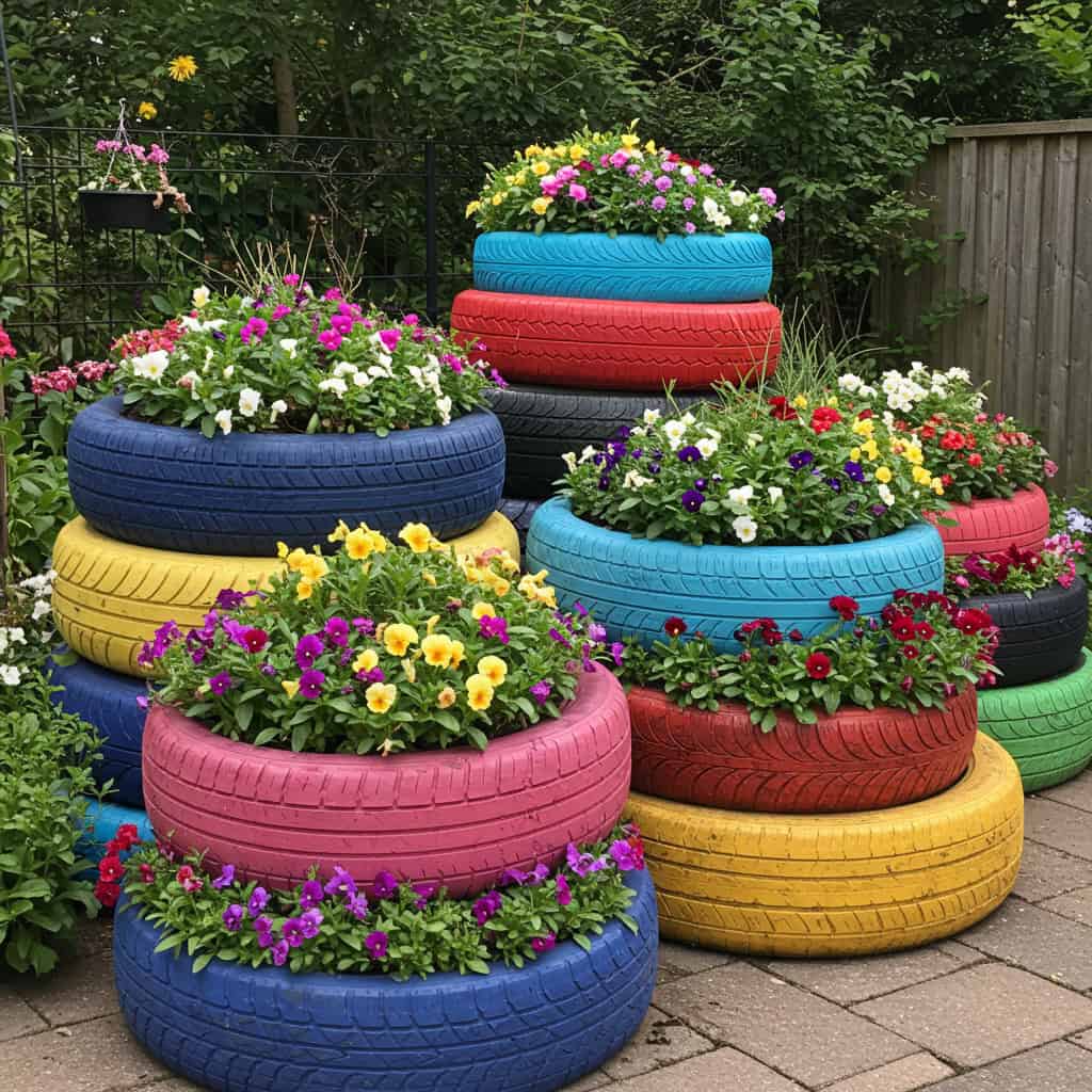 18. Upcycle Tires into Flower Beds